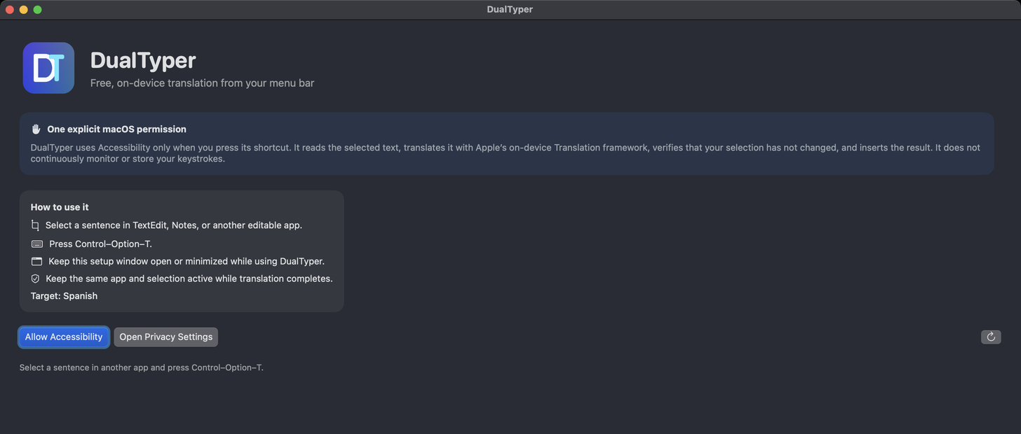 DualTyper setup window explaining its explicit Accessibility permission and keyboard shortcut