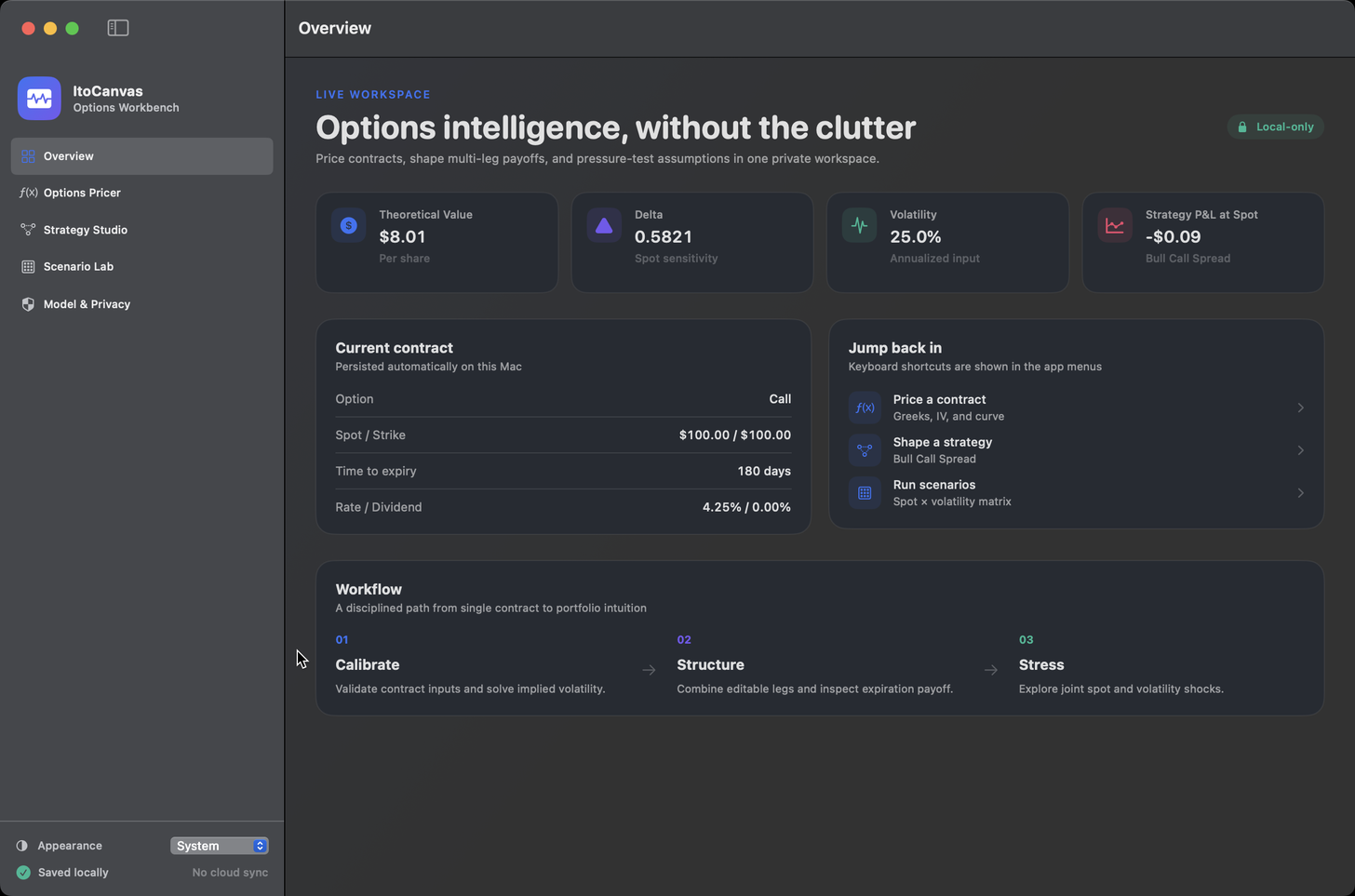 ItoCanvas Overview showing an options workspace, pricing metrics, and workflow